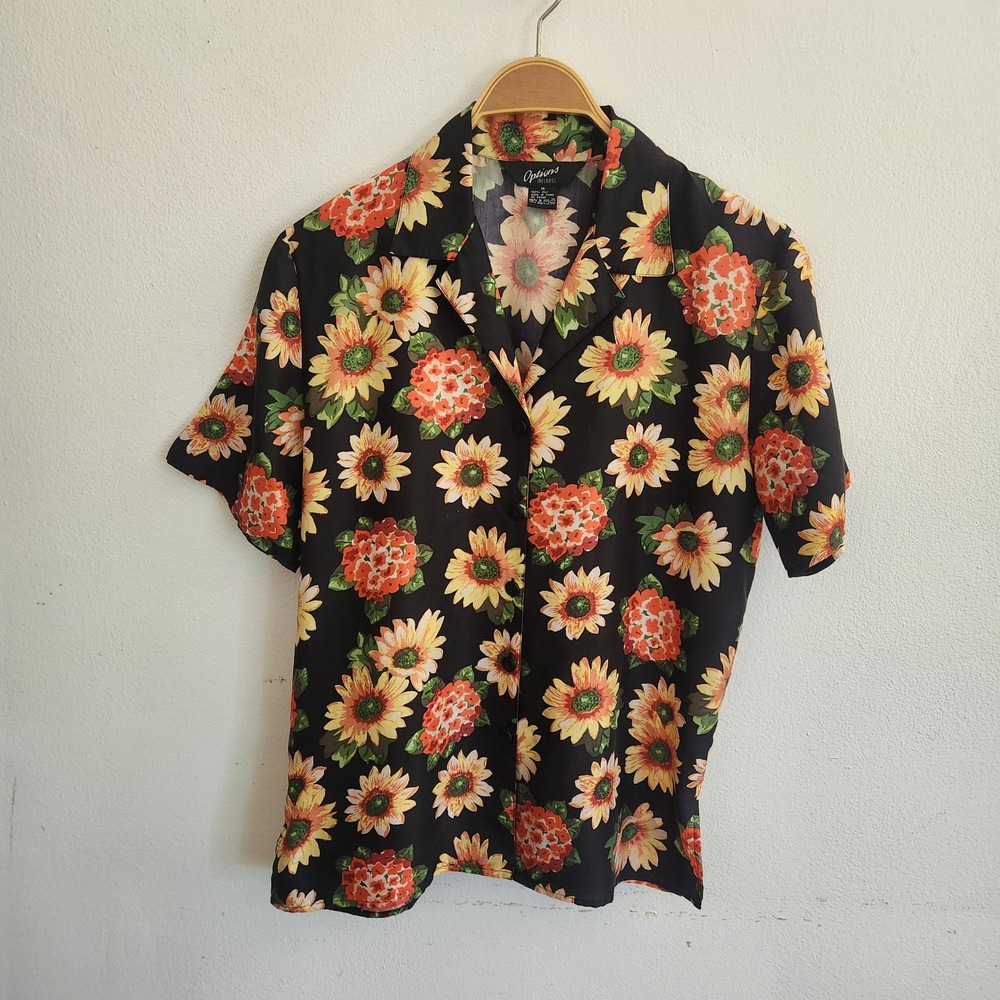 Vintage 90s Options Melrose Silk Button Down Camp Shirt Medium Floral Sunflower